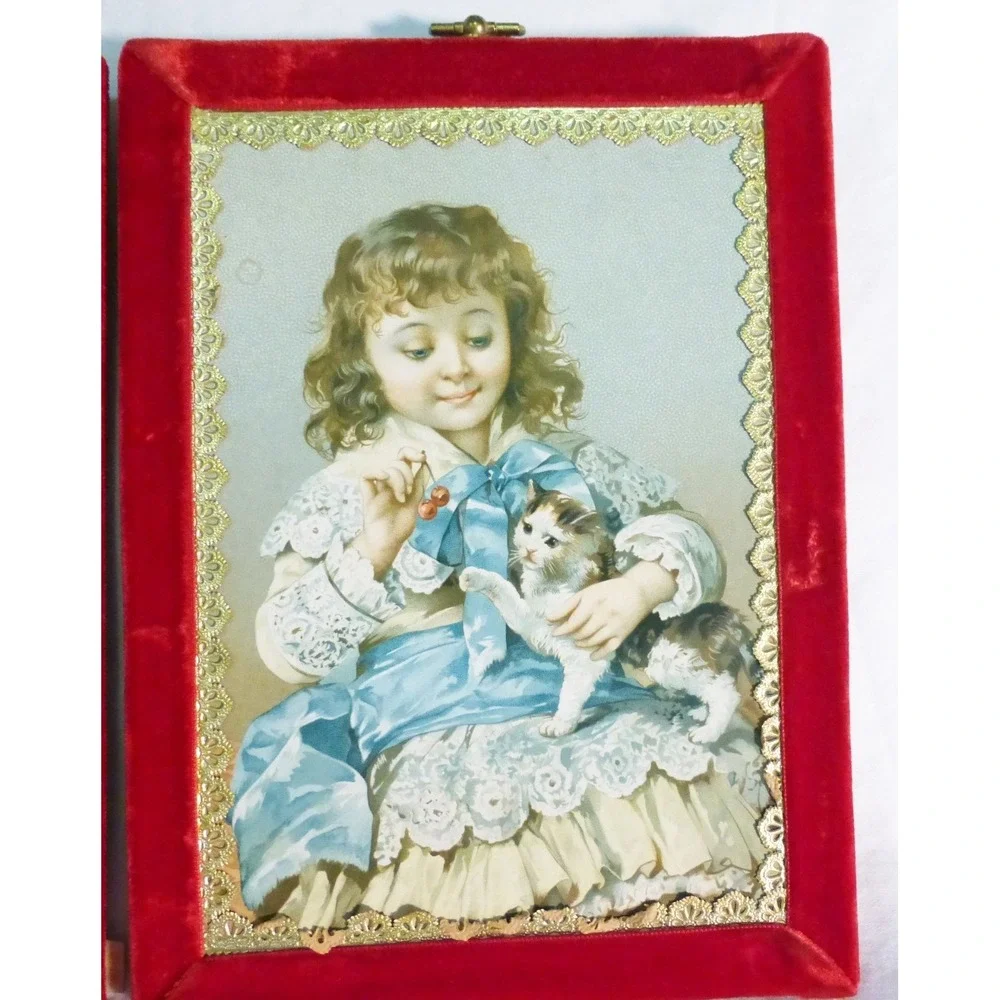 Vtg plaque wall home decor nostalgia 1880 print girls french Victorian set of 2‎